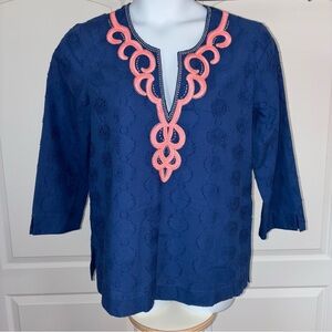 Lilly Pulitzer Cotton Amelia Island Tunic Top Large Navy Coral Gold Resort